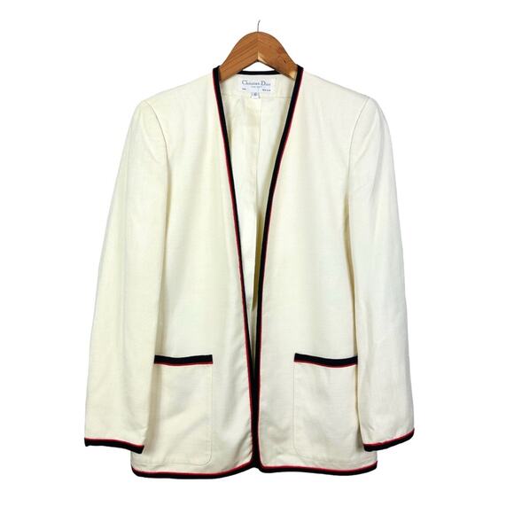 Vintage Christian Dior Linen Blend Jacket Size 6 Cream Black Red Classic Prep - Picture 1 of 16